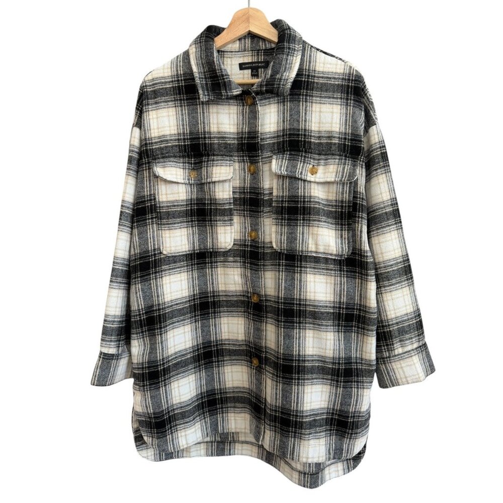 Banana Republic Plaid Flannel Shirt Jacket Rugged Cabincore Cream‎ Womens M